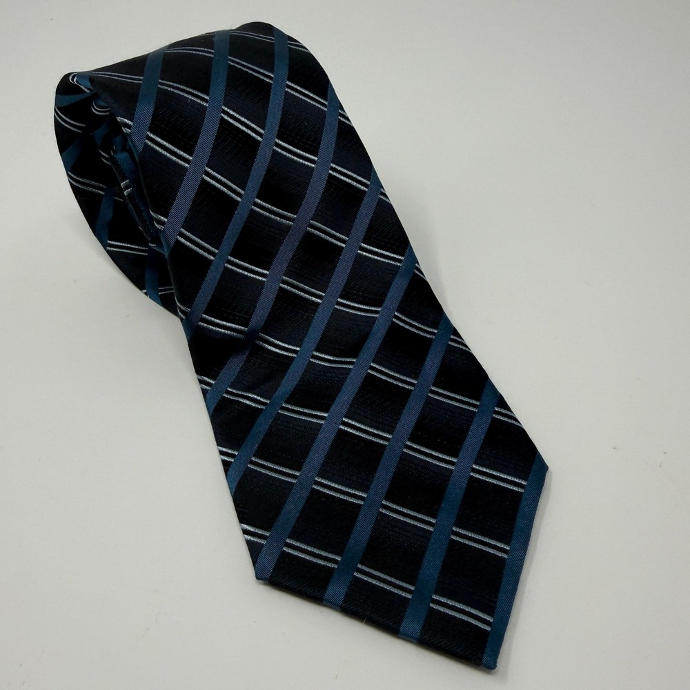 Van Heusen Mens Silk Tie Navy Blue Teal White Diagonal Striped Stain Resistant